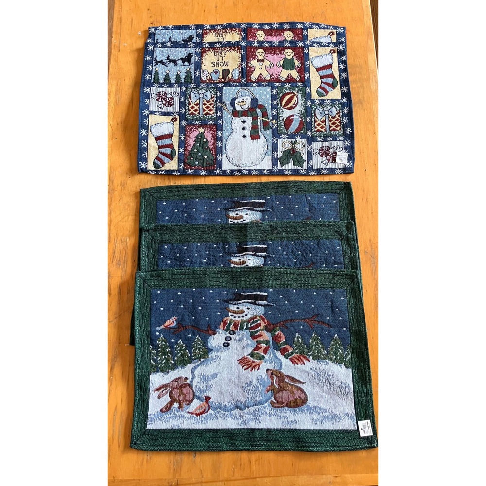 Old Time Pottery Placemats Lot of 5 Green Blue Snowman Holiday Tapestry